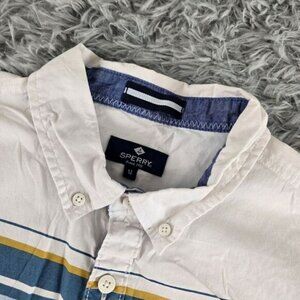 Sperry Mens Medium White Striped‎ Short Sleeve Button Down Cotton Blend Shirt